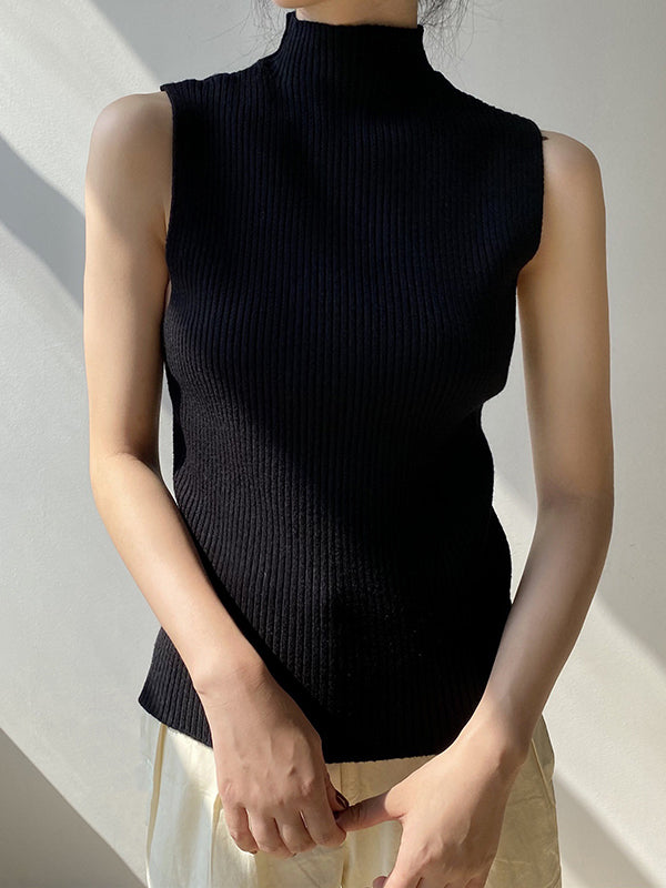 xakxx Skinny Sleeveless Solid Color High-Neck Knitwear Vest Top