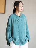 xakxx Artistic Retro Loose Long Sleeves Buttoned Solid Color Stand Collar Blouses&Shirts Tops