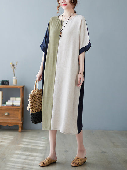 xakxx Half Sleeves Loose Contrast Color Round-Neck Midi Dresses