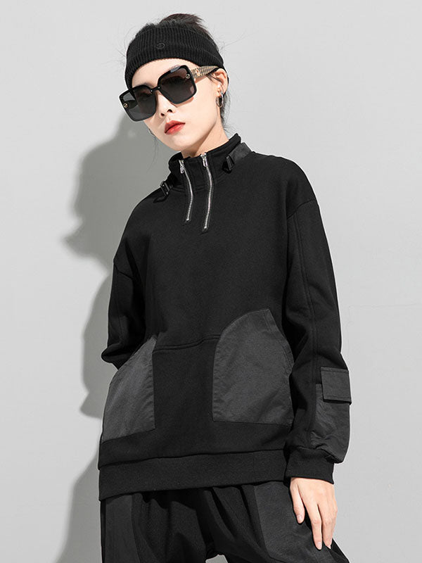 xakxx Casual Long Sleeves Loose Solid Color Zipper High-Neck Sweatshirt Tops