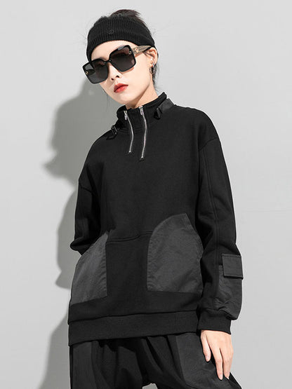 xakxx Casual Long Sleeves Loose Solid Color Zipper High-Neck Sweatshirt Tops