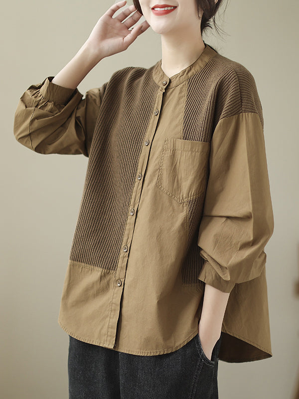 xakxx Long Sleeves Loose Asymmetric Buttoned Pockets Split-Joint Round-Neck Blouses&Shirts Tops
