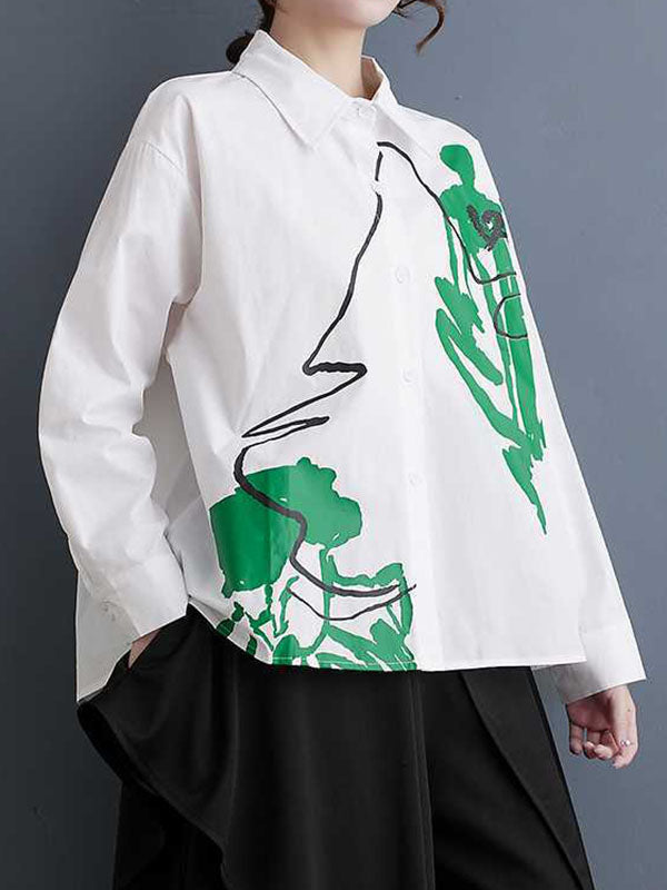 xakxx High-Low Long Sleeves Buttoned Printed Lapel Blouses&Shirts Tops