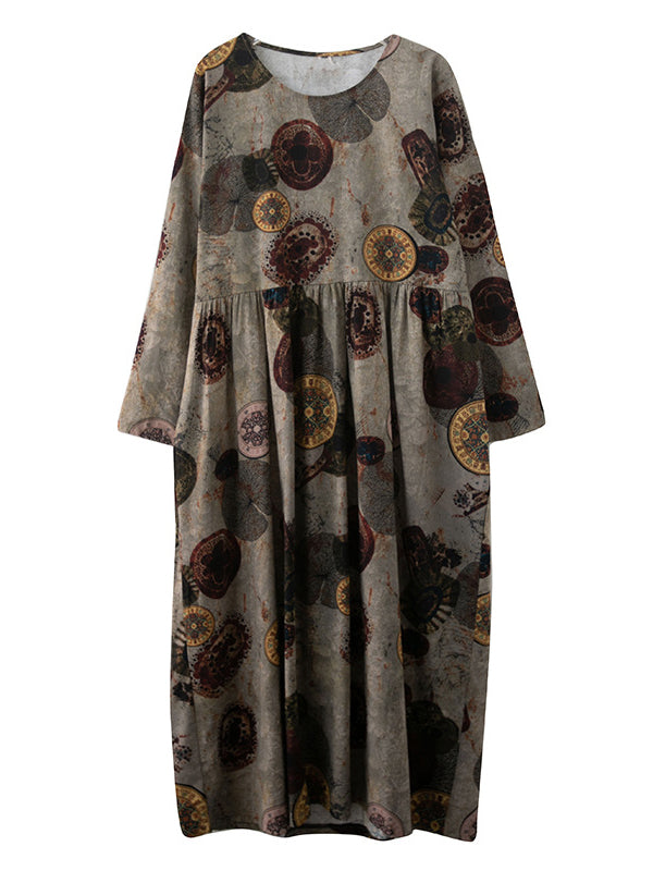xakxx Artistic Retro Loose Long Sleeves Printed Round-Neck Maxi Dresses