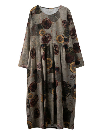 xakxx Artistic Retro Loose Long Sleeves Printed Round-Neck Maxi Dresses