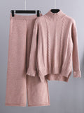 xakxx Loose Long Sleeves Split-Side Solid High-Low Half Turtleneck Sweater Tops & Wide Leg Pants Two Pieces Set