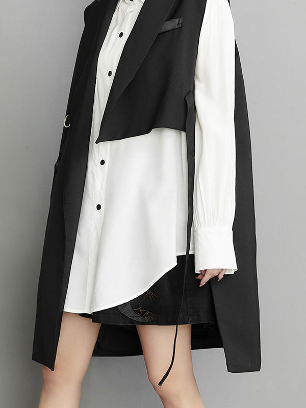 xakxx Sleeveless Asymmetric Pockets Tied Notched Collar Vest Outerwear