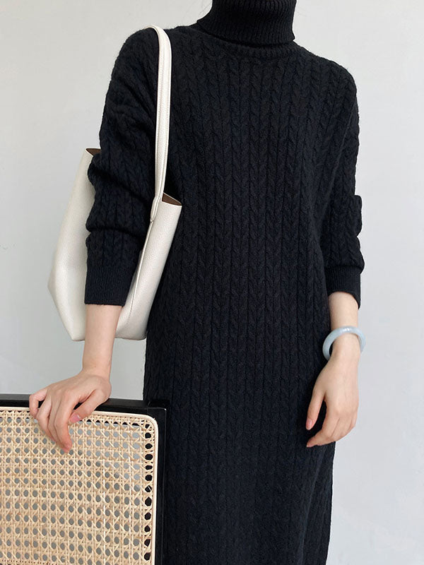 xakxx Stylish Loose Long Sleeves Solid Color High-Neck Twist Sweater Dresses