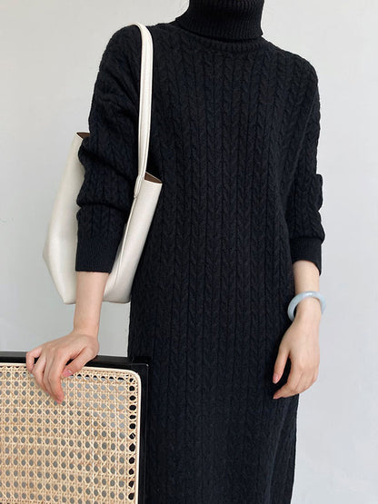 xakxx Stylish Loose Long Sleeves Solid Color High-Neck Twist Sweater Dresses
