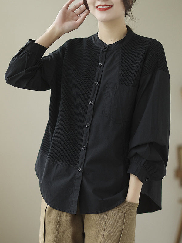 xakxx Long Sleeves Loose Asymmetric Buttoned Pockets Split-Joint Round-Neck Blouses&Shirts Tops