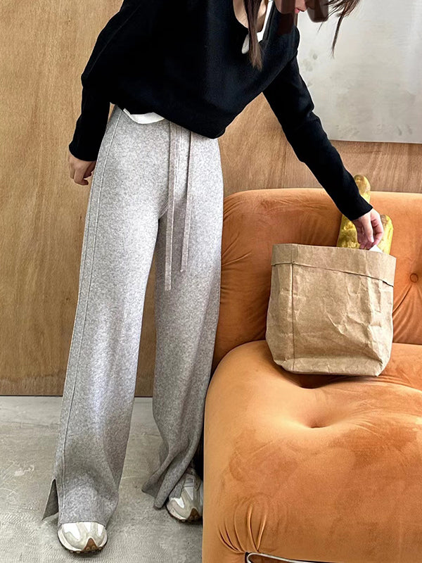 xakxx High Waisted Loose Drawstring Solid Color Split-Side Velvet Pants Trousers