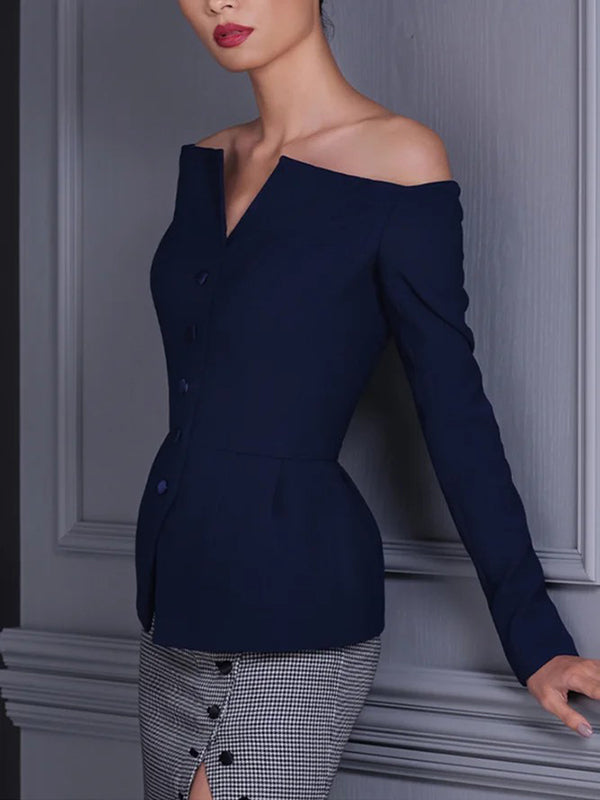 xakxx Long Sleeves Skinny Buttoned Solid Color Off-The-Shoulder Blouses&Shirts Tops