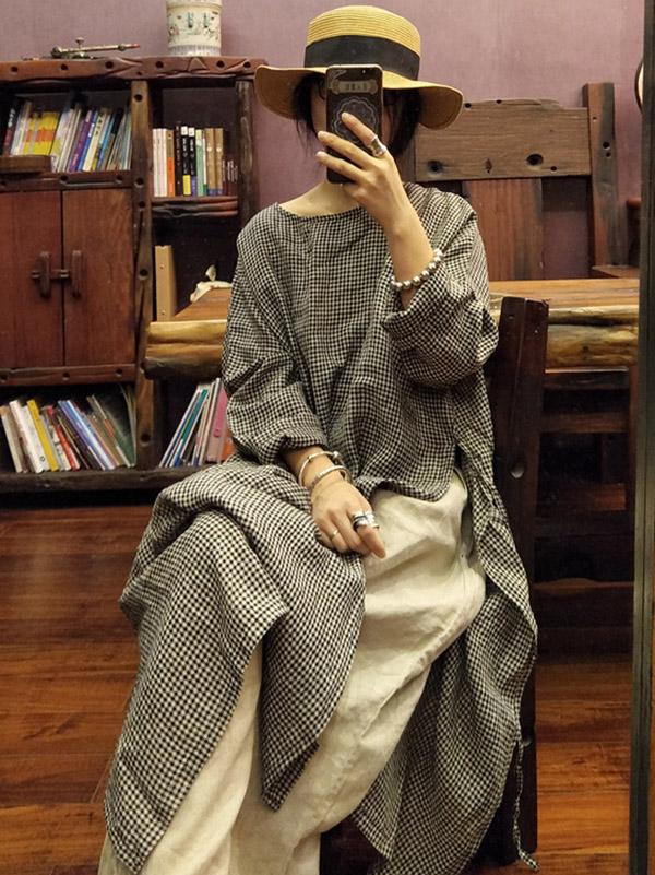 xakxx Loose Vintage Washable Plaid Split-Side Dress
