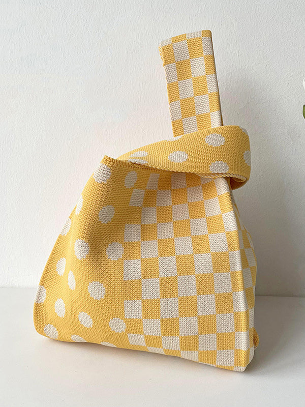 xakxx Contrast Color Plaid Polka-Dot Woven Handbag