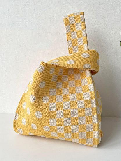 xakxx Contrast Color Plaid Polka-Dot Woven Handbag