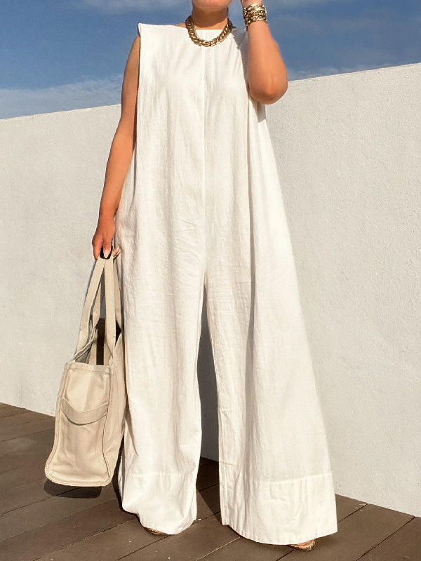 xakxx Solid Color Sleeveless Wide Leg Jumpsuits