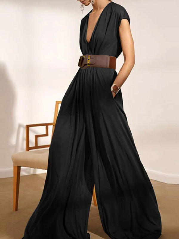 xakxx Urban Loose Wide Leg Solid Color V-Neck Jumpsuits Bottoms