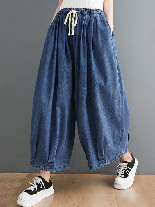 xakxx Casual Loose Drawstring Wide Legs Jean Pants