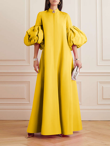 xakxx Loose Flower Shape Solid Color Stand Collar Lantern Sleeves Maxi Dresses
