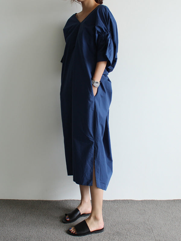 xakxx Casual Half Sleeves Loose Pleated Solid Color V-Neck Midi Dresses