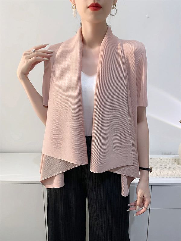 xakxx Loose Short Sleeves Pleated Solid Color Collarless Outerwear