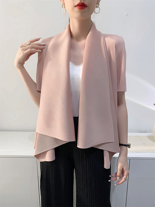 xakxx Loose Short Sleeves Pleated Solid Color Collarless Outerwear