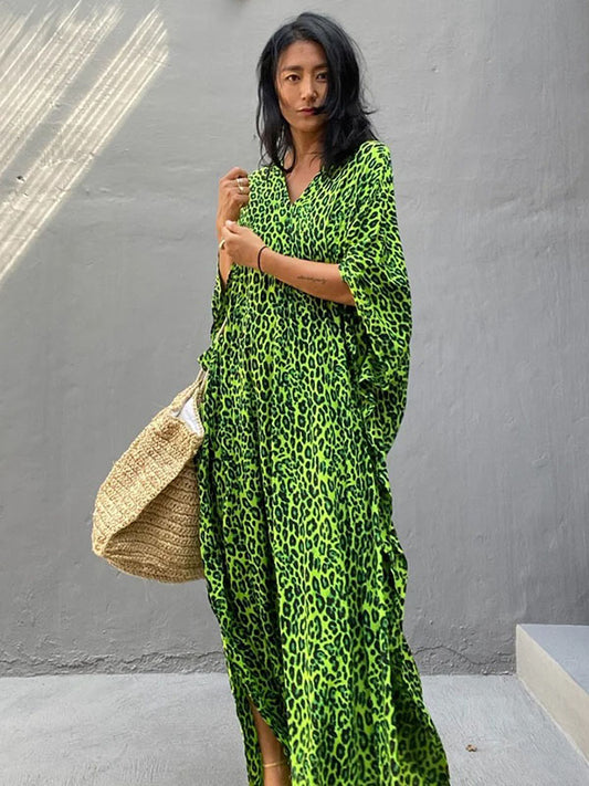 xakxx Green Leopard V-Neck Split-Side Batwing Sleeves Maxi Dress