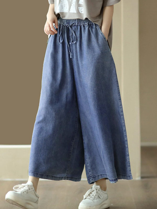 xakxx High Waisted Ninth Pants Drawstring Elasticity Pockets Wide Leg Jean Pants
