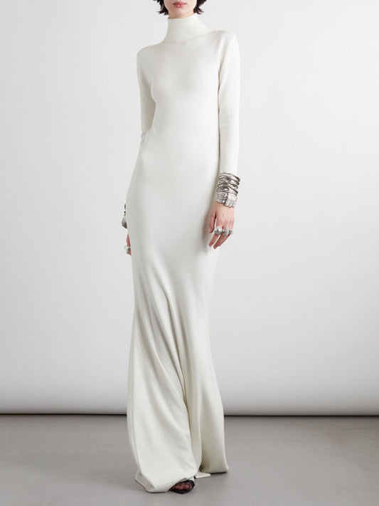 xakxx Long Sleeves Skinny Solid Color High Neck Maxi Dresses