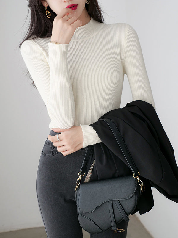 xakxx Simple Long Sleeves Skinny Solid Color High-Neck Pullovers