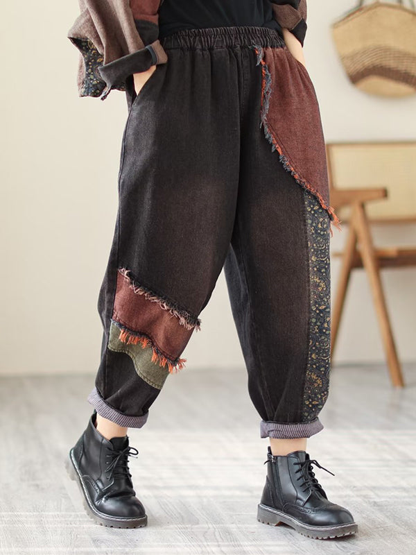 xakxx Contrast Color Fringed Split-Joint Long Sleeves Printed Outwear + Harem Pants  Two Pieces Set