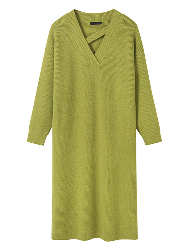 xakxx Urban Loose Long Sleeves Solid Color V-Neck Sweater Dresses