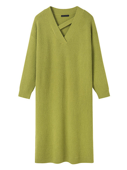 xakxx Urban Loose Long Sleeves Solid Color V-Neck Sweater Dresses