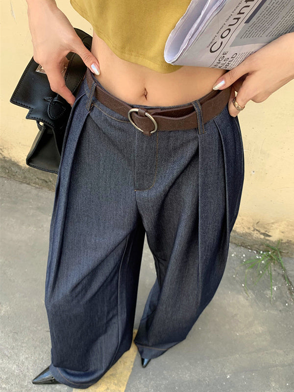 xakxx Loose Wide Leg High-Waisted Pleated Solid Color Pants Trousers