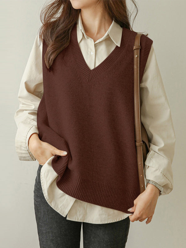 xakxx Casual Loose Sleeveless Solid Color V-Neck Sweater Vest Outerwear