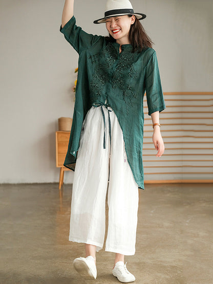 xakxx Original Embroidered Irregularity Round-Neck Blouse Tops