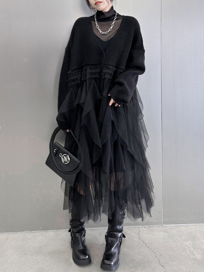 xakxx Long Sleeves Loose Buttoned Pleated Solid Color Split-Joint Tulle Velvet V-Neck Cardigan Tops