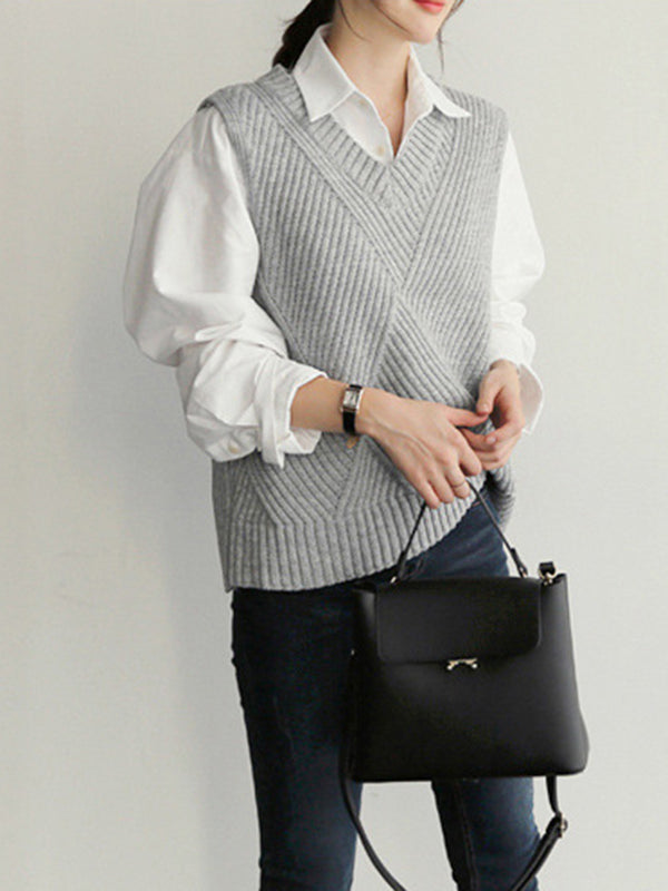 xakxx Casual Sleeveless Loose Solid Color V-Neck Vest Outerwear