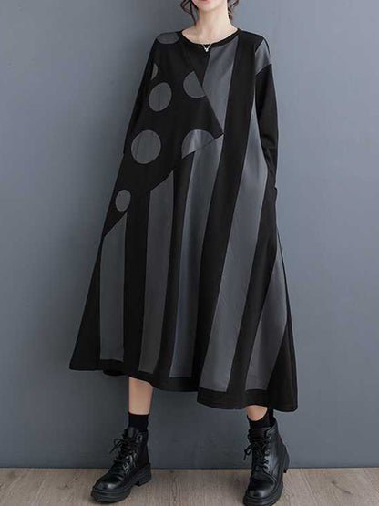 xakxx A-Line Long Sleeves Asymmetric Polka-Dot Split-Joint Striped Round-Neck Midi Dresses