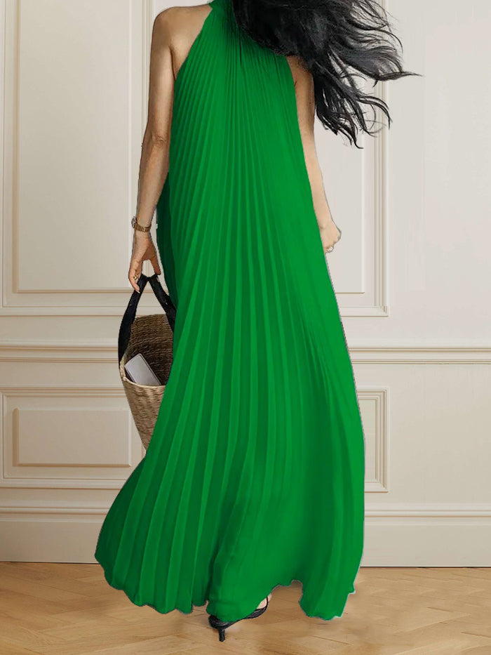 xakxx A-Line Sleeveless Pleated Solid Color Halter-Neck Maxi Dresses