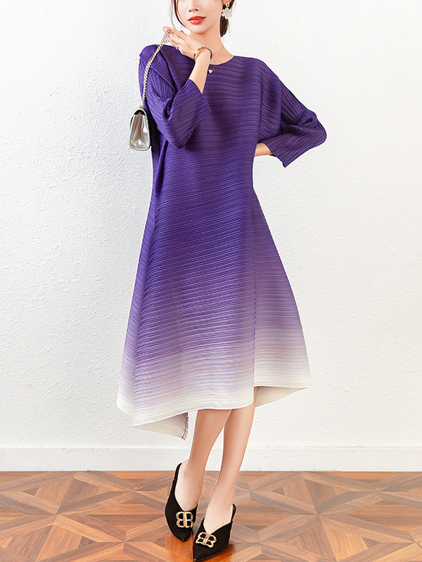xakxx Original Long Sleeves Loose Pleated Gradient Round-Neck Midi Dresses