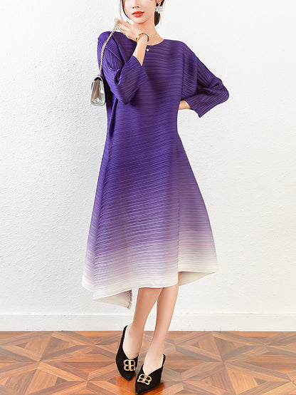 xakxx Original Long Sleeves Loose Pleated Gradient Round-Neck Midi Dresses