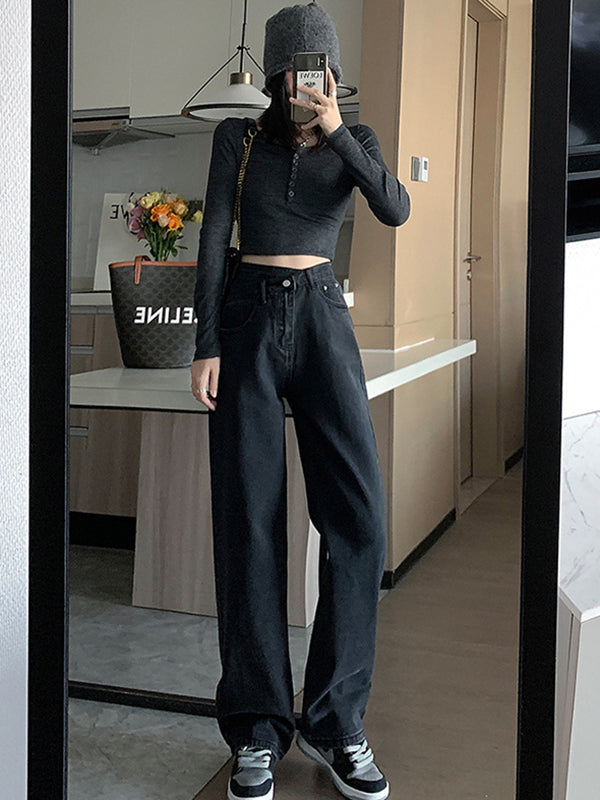 xakxx Casual High Waisted Denim Wide Leg Jean Pants