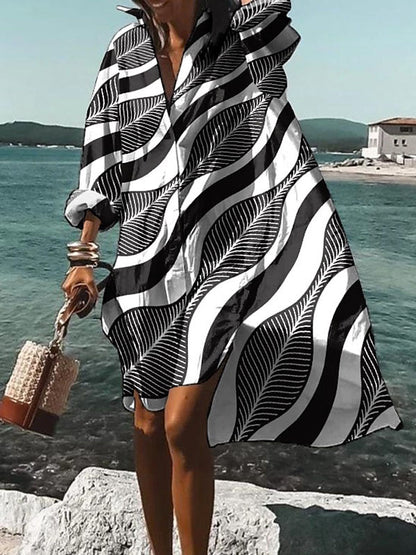 xakxx High-low Long Sleeves Buttoned Split-side Striped Lapel Midi Dresses Shirt Dress