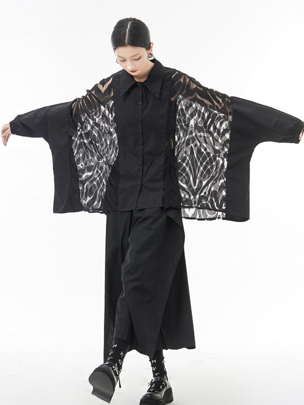 xakxx Urban See-Through Lace Split-Joint Lapel Blouse