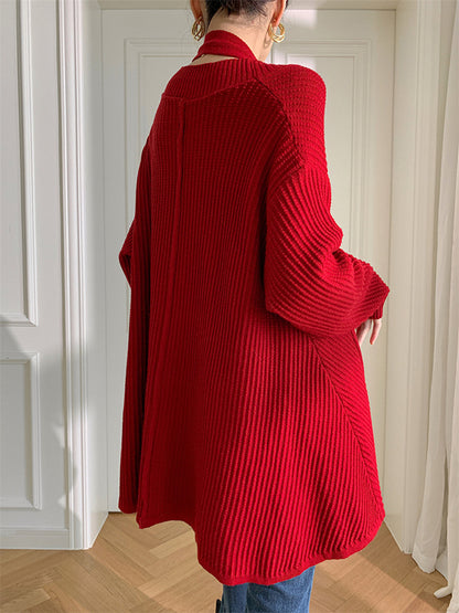 xakxx Stylish A-Line Long Sleeves Loose Solid Color V-Neck Cardigan Tops