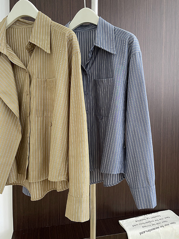 xakxx Long Sleeves Loose Asymmetric Split-Joint Striped Lapel Blouses