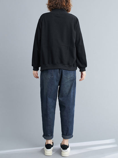 xakxx Simple Long Sleeves Loose Split-Joint Solid Color High-Neck Sweatshirt Tops