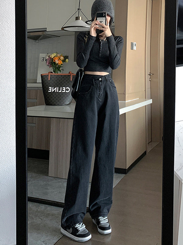 xakxx Casual High Waisted Denim Wide Leg Jean Pants
