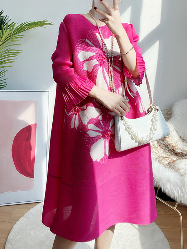 xakxx Flared Sleeves Loose Floral Printed Round-Neck Midi Dresses